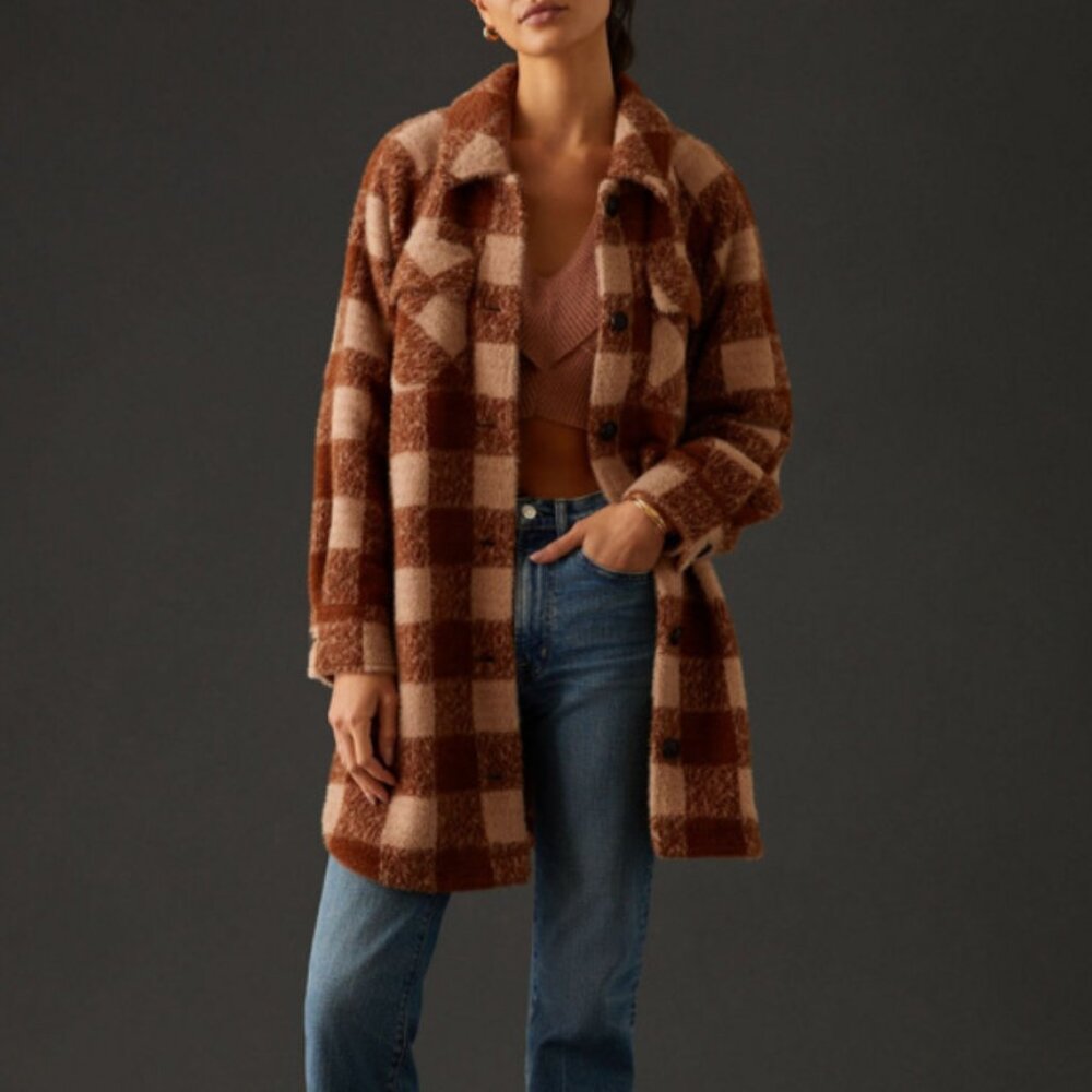 Anthropologie Greylin Longline Shirt Jacket Copper Plaid